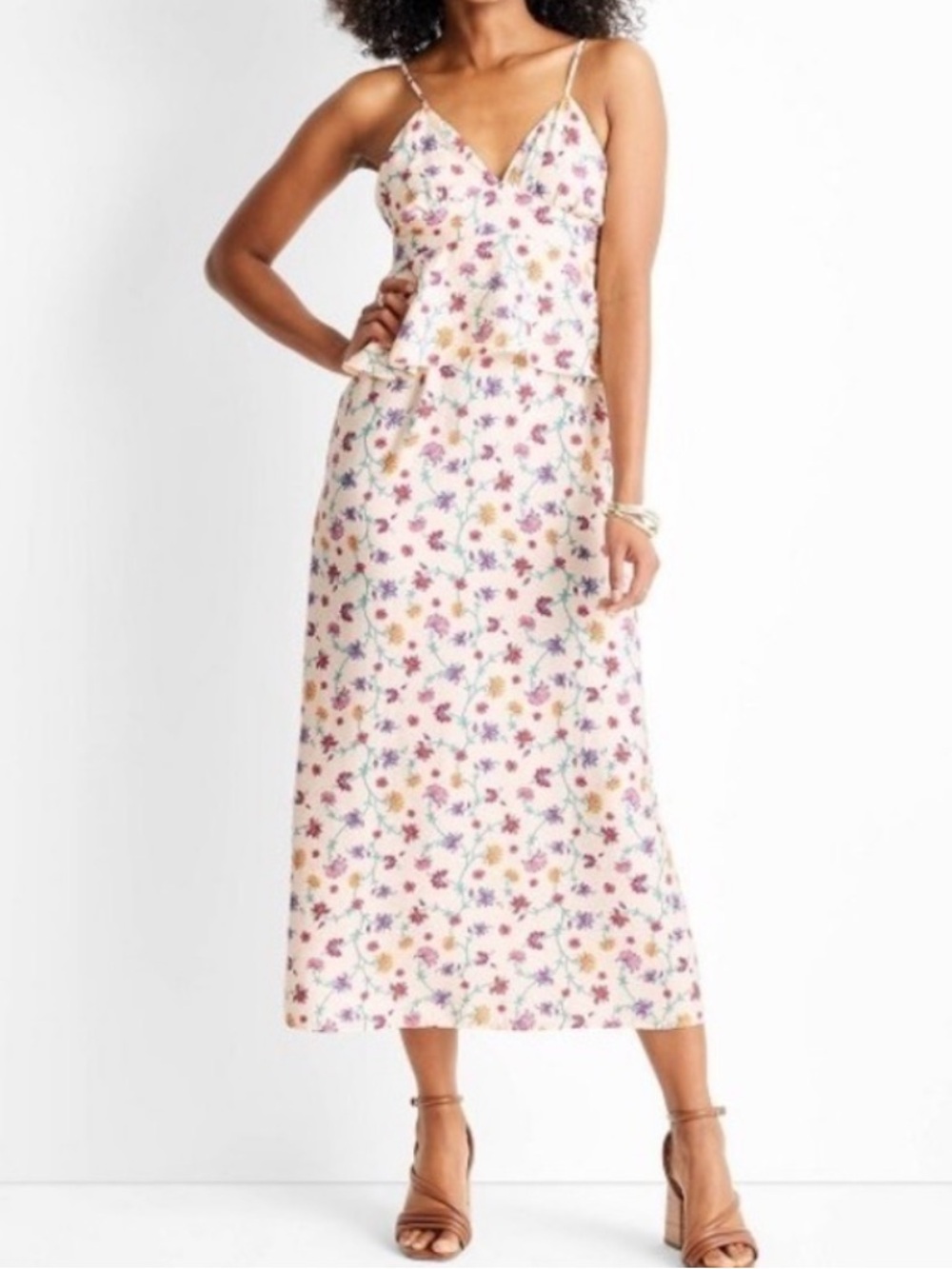 Future Collective Floral Midi Slip Dress in Cream with Pink and Yellow Blooms